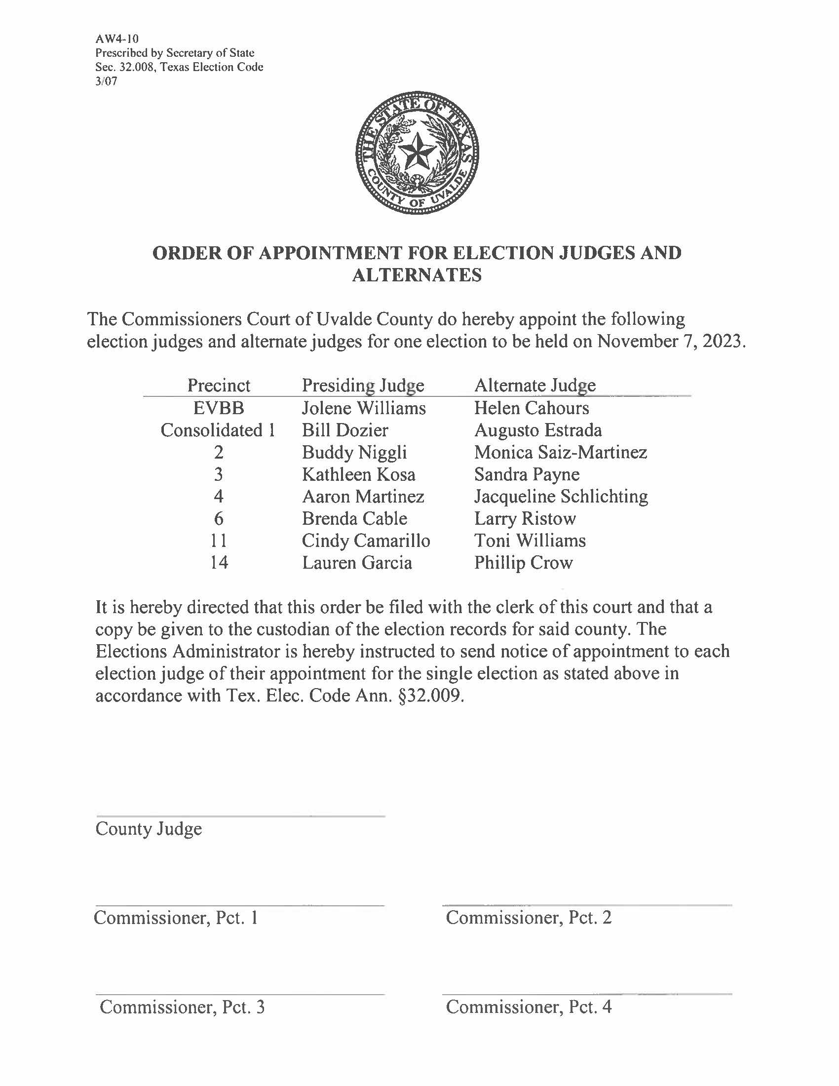Slate of election judges approved by the Commissioner's Court for the November 8th, 2023 election
