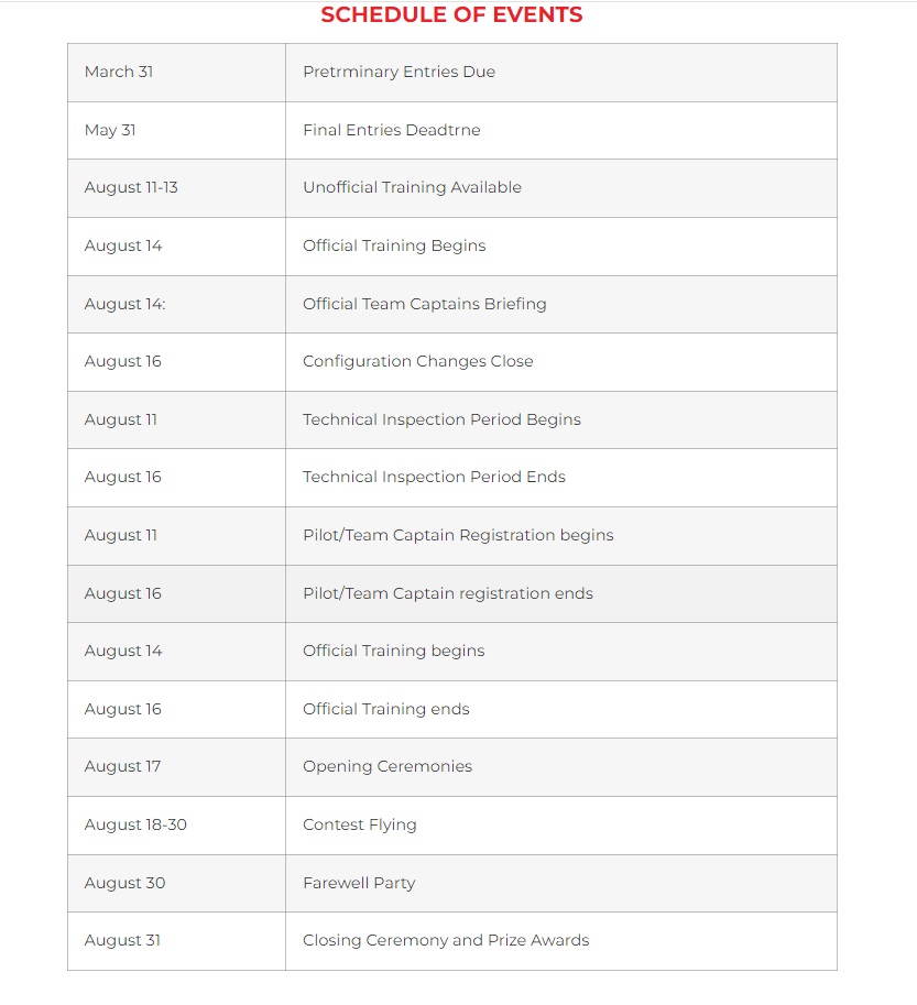 The 38th FAI World Gliding Championship Schedule of Events from the official website